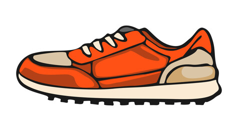 Colorful cartoon vector drawing of a sport shoe, fashionable red sneakers. Flat illustration Isolated on white background