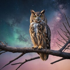 Obraz premium A soft, dreamy watercolor painting of an owl sitting on a tree branch with a pastel-colored night sky.