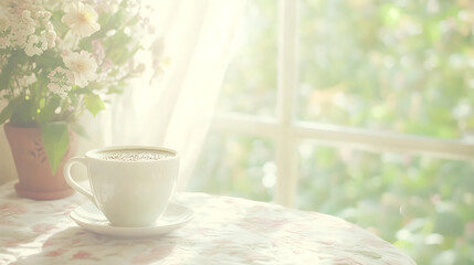 Warm Morning Coffee Near a Window with Flowers on a Round Table, Cozy Atmosphere and Floral Tablecloth