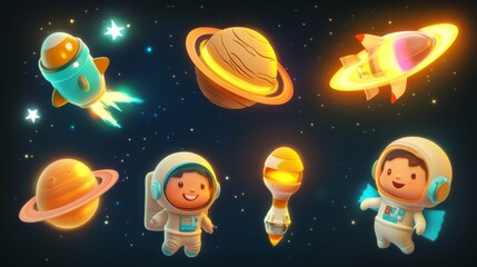 Fototapeta premium 34.A digital 3D vector icon set showcasing cartoonish space objects: a smiling astronaut in space gear, a planet with rings, a rotating satellite, a rocket taking off with bright trails, an alien