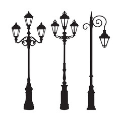 Vintage street lamp post set silhouette vector illustration on white background