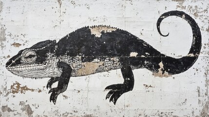Intricate chameleon mural blends art with nature on textured wall in urban setting