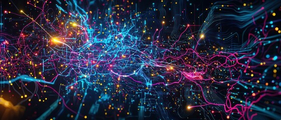Obraz premium Vibrant Abstract Digital Background with Glowing Neon Lines and Particles