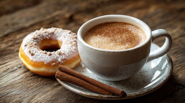 Freshly brewed cup of coffee with a cinnamon stick and a donut