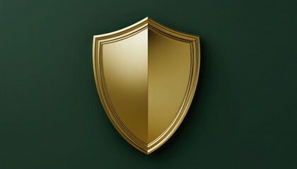 3D gold shield with raised edges on a solid forest green background photorealistic