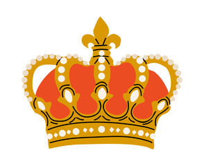 Red gold royal crown with a lot of jewelry stones. Hand drawn flat vector illustration isolated on white background