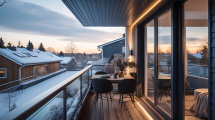 Fototapeta premium Elegant Scandinavian outdoor terrace with neutral furniture a comfy couch and a beautiful neighborhood view in the afternoon light Wallpaper Interior Design Inspiration
