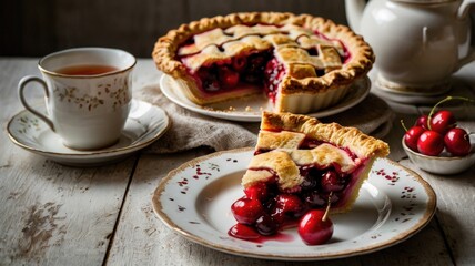 Sweet Indulgence: Hyper-Realistic Top-Down Photo of Freshly Baked Cherry and Red Berry Pie with Steaming Tea