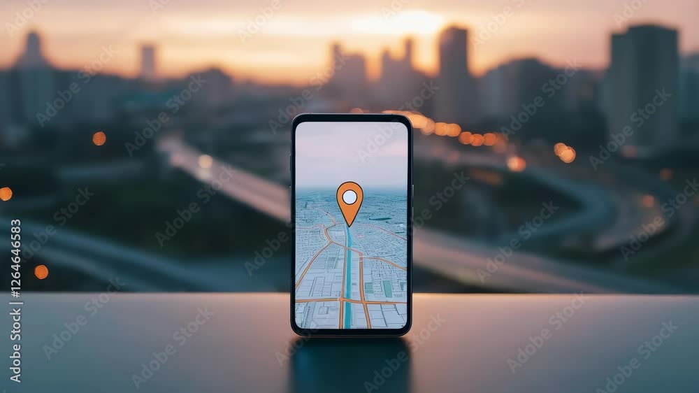 Aufkleber Navigation app displaying digital map on smartphone screen with blurred urban background glowing during sunset, capturing modern technology and travel guidance in slow motion