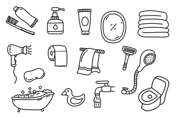 Set of bathroom elements vector with doodle style on a white background
