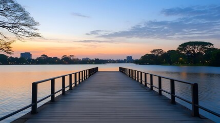 Obraz premium Tranquil Sunrise Over Calm Lake With Wooden Bridge