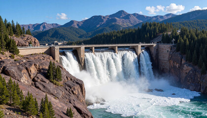Fototapeta premium Waterfall cascading over dam against mountainous landscape