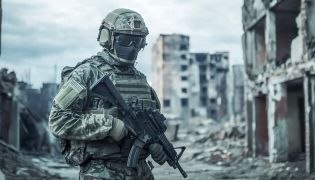 Soldat in voller Kampfausr&uuml;stung mit Helm, steht in einer v&ouml;llig zerst&ouml;rten Stadt, Generative AI