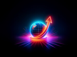 Naklejka premium A glowing globe with a vibrant arrow pointing upwards is set against a dark backdrop, illuminated with bright neon lights creating a futuristic and dynamic design.