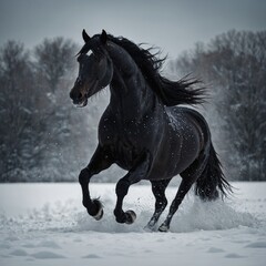 Obraz premium A rearing black horse creating a dramatic contrast against the snow.