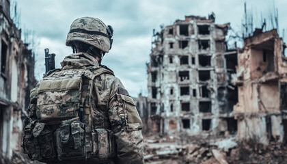 Soldat in voller Kampfausr&uuml;stung mit Helm, steht in einer v&ouml;llig zerst&ouml;rten Stadt, Generative AI