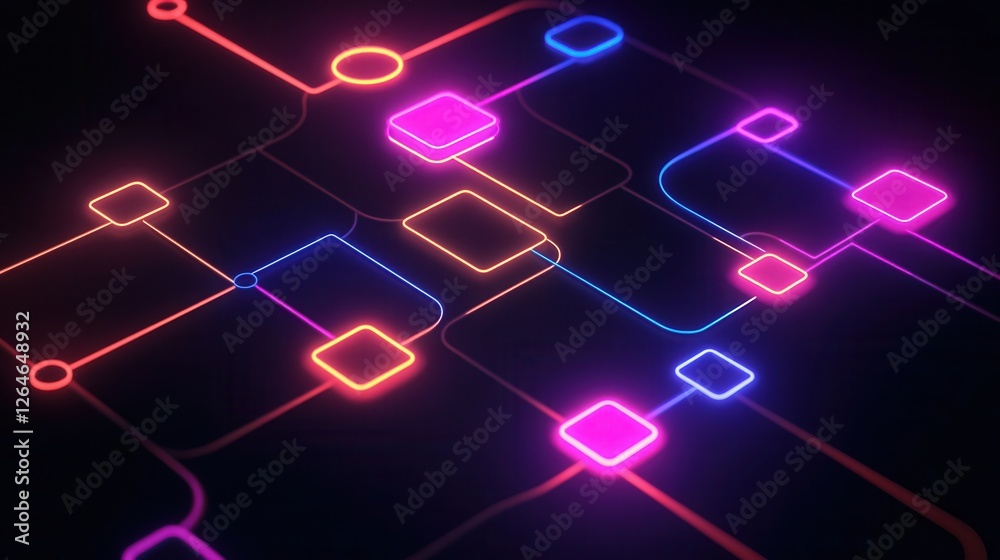 Poster neon flowchart design, a minimalist flowchart featuring luminous neon lines and interconnected nodes