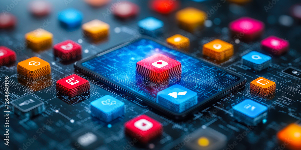 Poster innovative mobile app development concept with interactive and customizable features on digital inte