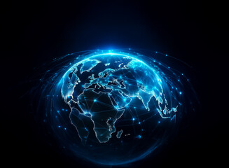 Fototapeta premium A digital globe emits bright blue light with network lines across continents, set against a dark cosmic backdrop.