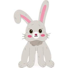 Lovely cartoon Easter bunny with bent down ear standing and smiling. Childish hand drawn furry rabbit as symbol of Easter egg hunt at traditional springtime holiday. Spring sticker for poster, card.