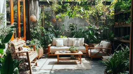 Fototapeta premium Serene Garden Patio Oasis: Tranquil Wooden Furniture Amidst Lush Greenery