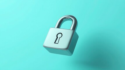 Fototapeta premium A realistic metallic lock icon floating on a solid turquoise background in