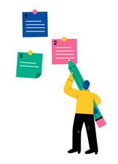 Business man holding pencil categorized notes. Sorting important or urgency tasks. Flat vector illustration isolated on white background