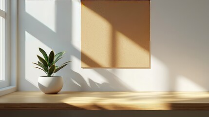 A serene indoor scene featuring a potted plant on a wooden shelf with sunlight casting shadows