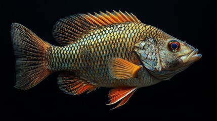 Fototapeta premium Vibrant Golden-Orange Fish Isolated on Black Background.