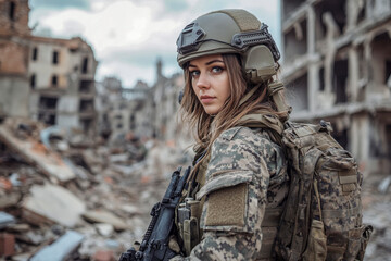 Fototapeta premium Soldatin in voller Kampfausrüstung mit Helm, steht in einer völlig zerstörten Stadt, Generative AI