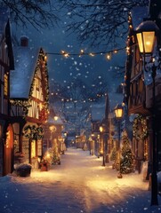 Fototapeta premium Snow covered village street adorned for christmas at nighttime