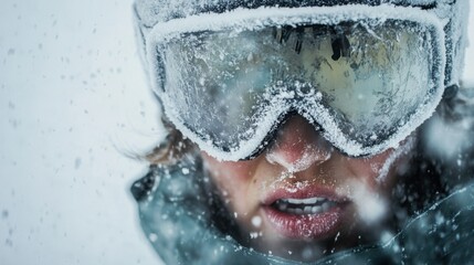 A skier battling a blizzard, their goggles frosted over, and intense focus visible on their lips and jaw