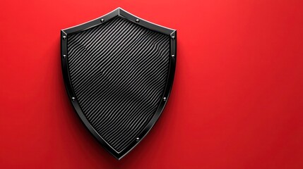 Black 3D shield icon with carbon fiber texture on solid red background highly detailed