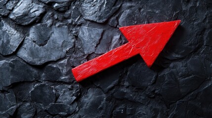 A vibrant red graph arrow on a textured dark stone background, signifying success and growth.