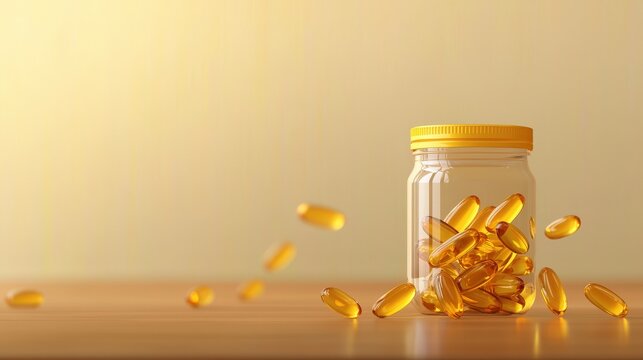 A jar of fish oil pills is scattered on a table. The jar is yellow and the pills are small and round