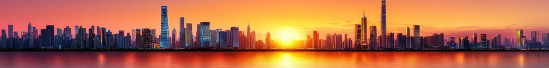 Fototapeta premium vibrant city skyline at sunset with glowing reflections