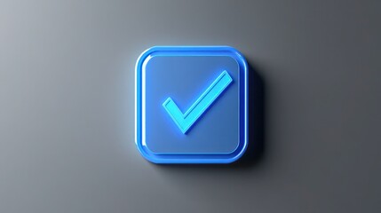 Bright blue tick icon on a smooth grey background illuminated with sharp