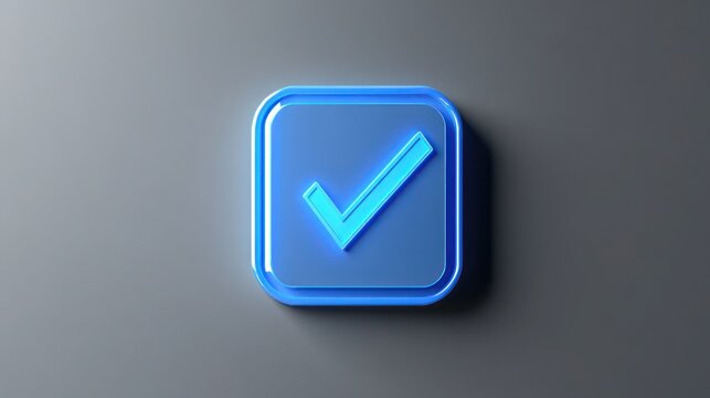 Bright blue tick icon on a smooth grey background illuminated with sharp