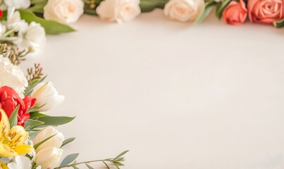 Beautiful floral border with tulips and roses, Generative AI