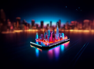 Obraz premium Vibrant neon city skyline sits atop a reflective phone, set against a blurred cityscape at night, glowing with blue, red, and purple hues.
