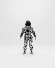 Astronaut spaceman silver black white monochrome space helmet suit exploration futuristic front 3d illustration