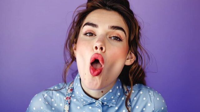 Cheerful young woman making a playful kissy face while wearing a polka dot blouse and colorful apron against a vibrant purple background, showcasing fun