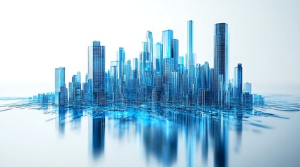 Fototapeta premium Futuristic Digital Cityscape with Blue Skyscrapers, 3D blue glass illustration of business data