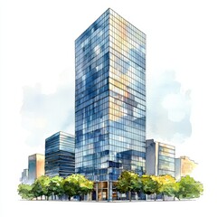 Obraz premium Watercolor painting of a modern glass skyscraper reflecting the surrounding city, on isolated white background