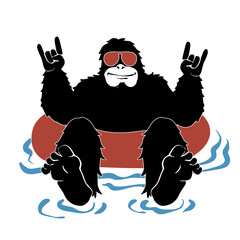 Bigfoot Floating on an Inflatable Ring - Vector Illustration