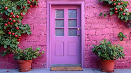 Naklejka premium Pink Brick House with Purple Door and Potted Plants
