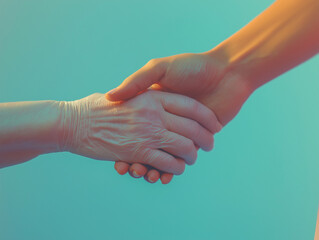 Compassionate Nurse Holding Elderly Patient’s Hand – Reassuring Smile Against Soothing Pastel Blue Healthcare Background

