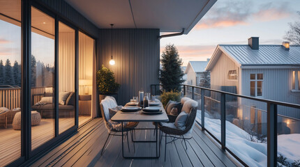 Fototapeta premium Chic Scandinavian style outdoor design with neutral toned furniture and a comfortable couch providing a beautiful afternoon neighborhood view Wallpaper Interior Design Inspiration