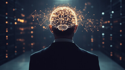 A Business Professional Standing in a Data Server Room with a Glowing Digital Brain Overlay, Symbolizing AI, Innovation, and Technology