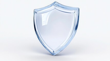 Crystal clear 3D shield icon floating on solid white background high definition realism